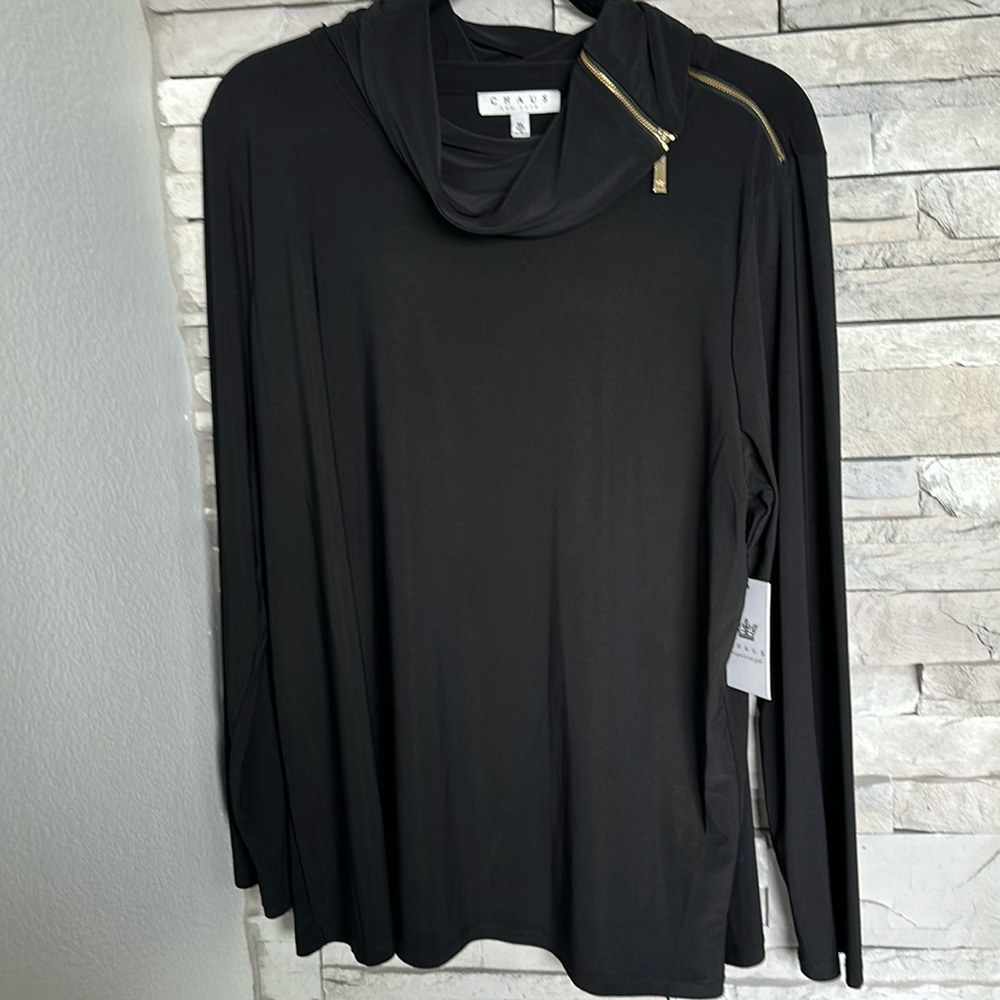 NWT Chaus Women’s Cowl Neck Black Tunic with Zipper Detail